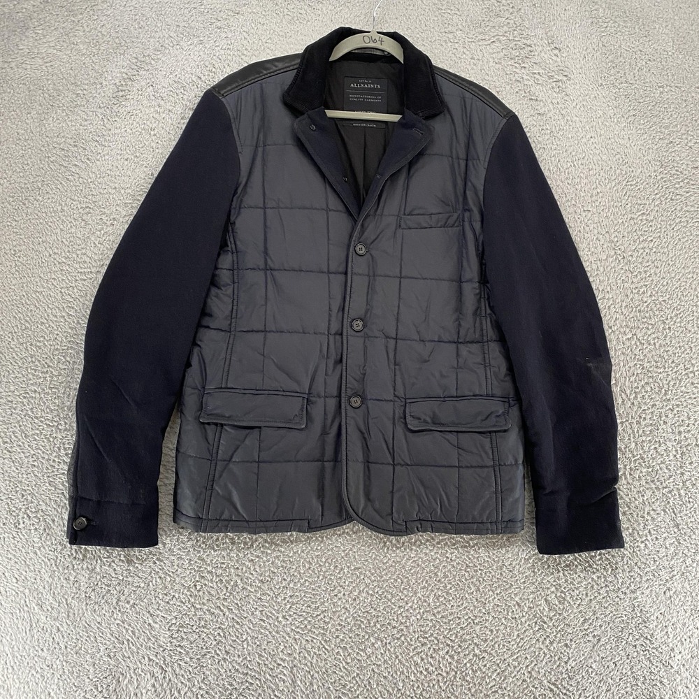 AllSaints Belfort Blazer Jacket Mens 42 Large Navy BlQuilted Wool Leather MJ5090